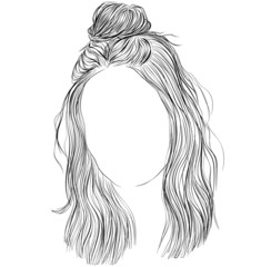 Half-bun, straight hair, female vector illustration. Black and white outlines - 373630547
