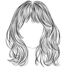 Middle length hairstyle with bangs, vector illustration, outline