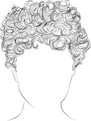 Short, curly hair, vector illustration, black and white outline drawing