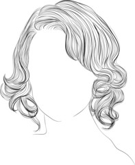 Short retro hollywood curly bob, fashion illustration, outline vector drawing - 373630765