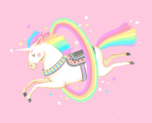 Cute circus unicorn jumping through a rainbow hoop. © lindybug