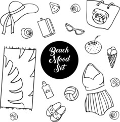 Beach hand drawn sketch illustration vector set. Woman swimsuit, ice scream, towel, ball, sunscreen and other items isolated in black outlines on a white background.