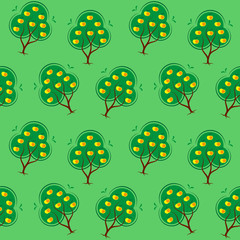 Seamless pattern with apple trees. Summer or autumn illustration on green background. Background for fabric  or children illustration. Symbol of harvest time and organic food. 