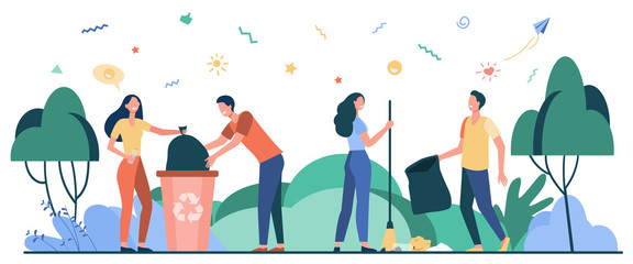 Team of volunteers cleaning park from garbage. Happy young people collecting trash outdoors. Vector illustration for volunteering community, nature care, ecology concept