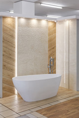 Naklejka na ściany i meble Modern bathroom interior with bathtub and shower