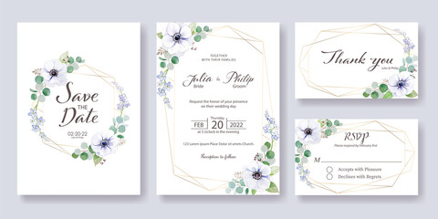 Set fo Wedding Invitation, save the date, thank you, rsvp card  template. Vector. Anemone flower, silver dollar leaves.