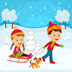 kids and sled on the winter background,illustration,vector