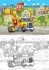 cartoon sketch happy cargo truck without trailer driving
