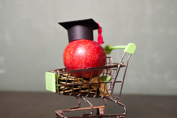 Students loan. Red apple in Square academic cap. Debt for study expenses, College scholarship. Back to school sale shopping. 