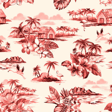 Vintage barkcloth Hawaiian island scene print with illustrations of island florals and scenery. Repeating pattern. 