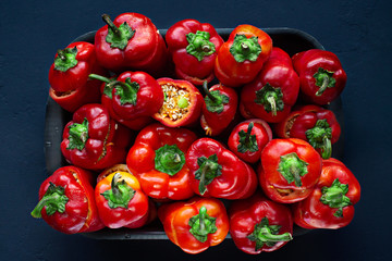 Cooking Vegetarian Stuffed Peppers with Rice, Carrots and Zucchini. Home cooking. Dark Blue background. Flat lay.