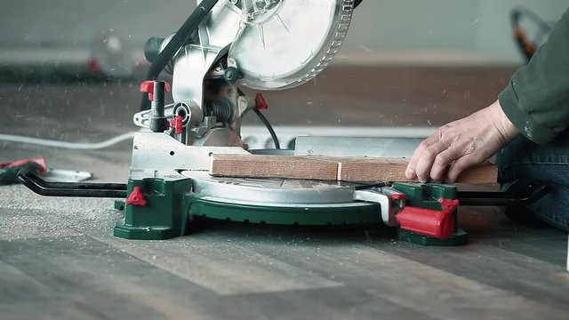 Miter saw in action on a construction site