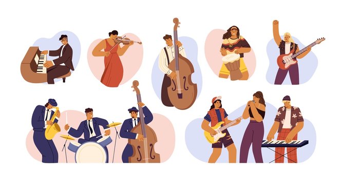 Set of people with different musical instrument vector flat illustration. Collection of music bands, musicians singing and playing music instruments isolated. Person with art hobby or profession