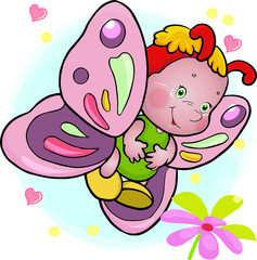 cartoon, cute butterfly and flower. Vector, illustration