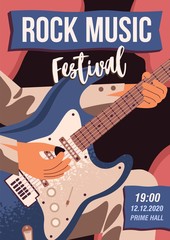 Rock music festival promo poster vector flat illustration. Announcement template with musician playing on acoustic bass guitar with place for text. Colorful flyer of entertainment party or concert