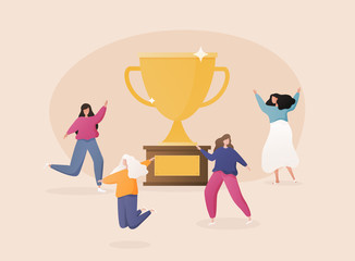 Flat People Characters with Prize, Golden Cup. Business Team Success, Achievement Concept.
