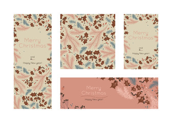 Fototapeta na wymiar Vintage Christmas banners set with isolated tree branches. Calm winter sale fair — flyer, poster with soft Xmas seamless floral pattern. Old fashioned New Year greeting card. Holiday neutral banners.