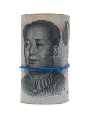 Chinese ten yuan bill roll, renminbi banknote, rolled cash money isolated on white background