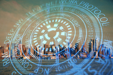 Data theme hologram drawing on city view with skyscrapers background multi exposure. Bigdata concept.