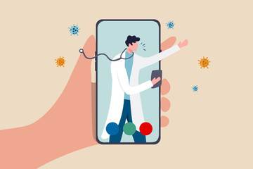 Telehealth health care technology doctor can diagnose and help patient via mobile phone or tele conference concept, patient hand carry mobile application with doctor, physician diagnose virus symptom. - obrazy, fototapety, plakaty