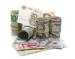 Chinese yuan, American dollar and European euro hundred bills, banknotes, cash money rolls isolated on white background