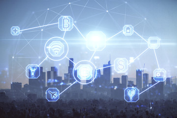 Double exposure of social network theme drawing and cityscape background. Concept of people connecton.