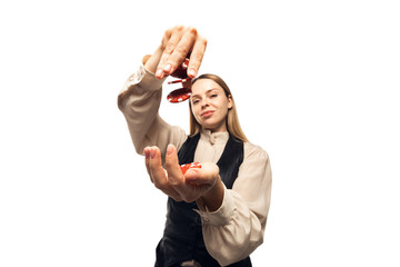 Poker girl. Young woman, croupier gesturing isolated on white background. Highly tensioned, wide angle, fish eye view. Concept of human emotions, facial expression, sales, ad, sport, gambling.