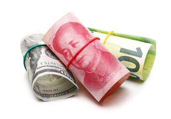 Chinese yuan, American dollar and European euro hundred bill, banknote, cash money rolls isolated on white background