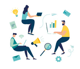Vector illustration of people in zero gravity at work, business and document management, team thinking and brainstorming. Analytics information about the company