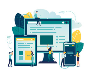Vector illustration, vector illustration of the concept of web page design and development of mobile websites, small people are working on creating a website, applications, transferring information vi