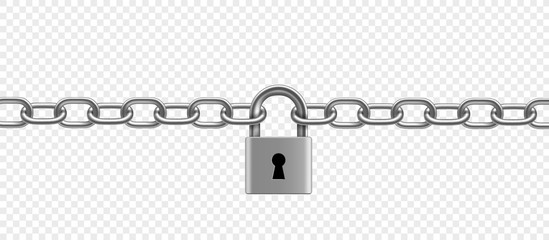 Chrome plated metal chain and padlock. Vector illustration.