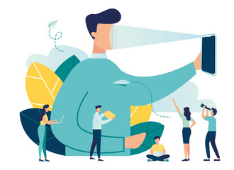 vector illustration on a white background, recognition using a laser concept Face ID, a man holds a phone in his hand and scans the application , modern technology