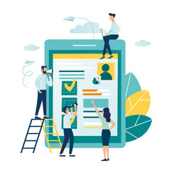 vector illustration design concept on white background. metaphor for candidates for vacancies, review of summaries. small people are studying the application form