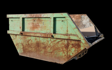 Green  rusty aged steel container for construction and industrial waste isolated black