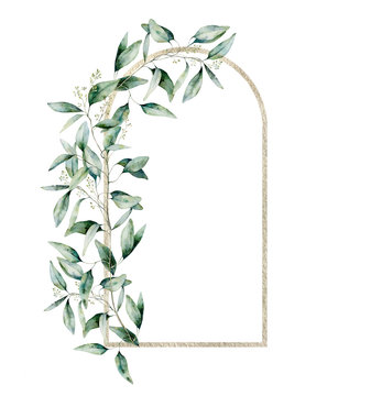 Watercolor gold border with eucalyptus branch and leaves. Hand painted exotic card with plant isolated on white background. Floral illustration for design, print, fabric or background.