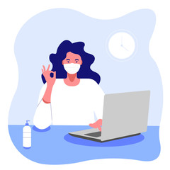 Work in a mask at a computer. Office work, distant work, coronavirus. Masked girl with a laptop showing that everything is fine - color vector illustration in a flat style