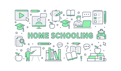 Online Education poster with line icons. Vector illustration for banner included icon as student, computer, books, teacher, laptop green outline pictogram for home schooling, university training