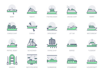 Ship, boat line icons. Vector illustration included icon as yacht, cruise, cargo shipping, submarine, ferry, canoe, schooner outline pictogram for water transport. Green Color, Editable Stroke