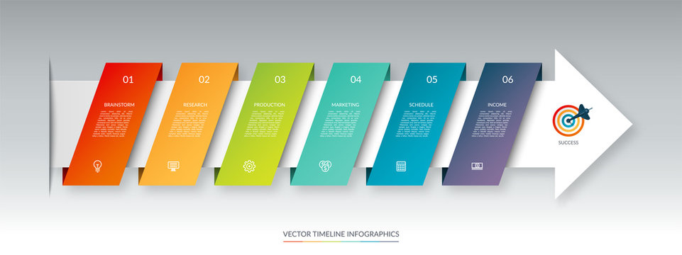 Infographic arrow timeline template with 6 steps. Can be used for web design, diagram, chart, business presentation.