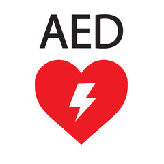 AED,automated external defibrillator / aed sign with heart and electricity symbol flat vector icon	
