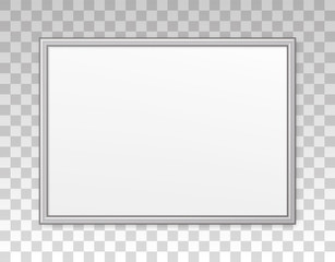 Mockup silver frame photo on wall. Mock up picture framed. Horizontal modern boarder with shadow. Empty photoframe a4 isolated on background. Border for design prints poster and painting image. Vector