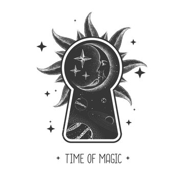 Magic witchcraft keyhole silhouette with crescent moon on outer space background. Vector illustration