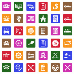 Car Dealer Icons. White Flat Design In Square. Vector Illustration.
