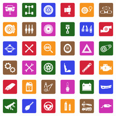 Car Parts Icons. White Flat Design In Square. Vector Illustration.