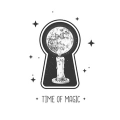 Magic witchcraft keyhole silhouette with burning candle and full moon on outer space background. Vector illustration