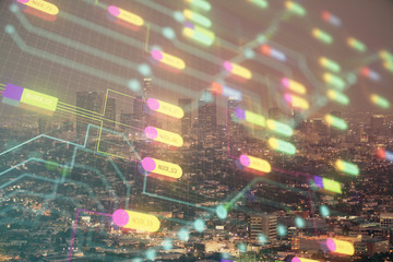 Data theme hologram drawing on city view with skyscrapers background double exposure. Ai concept.