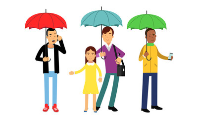 Young Man Walking with Umbrella and Talking Vector Illustration Set