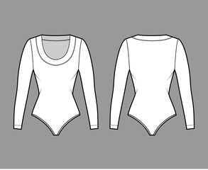 Bodysuit technical fashion illustration with scooped neckline, long sleeves, medium-coverage briefs. Flat outwear one-piece apparel template front back white color. Women men unisex shirt top mockup