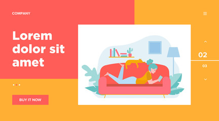 Girl and cat relaxing on sofa flat vector illustration. Cartoon woman laying in comfort and reading. Home evening and entertainment concept