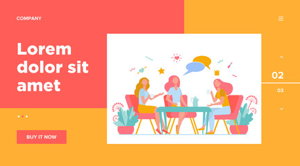 Female friends hanging out in cafe. Women sitting at table, drinking tea or coffee, talking with speech bubble. Vector illustration for chatting, communication, lunch, friendship concept